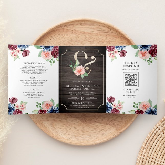 Blush Navy Burgundy Floral Wood QR Code Wedding Tri-Fold Invitation (Creator Uploaded)
