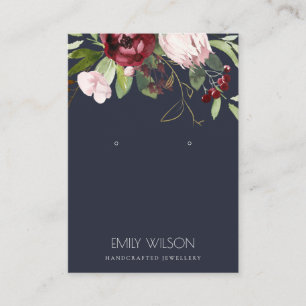 BLUSH NAVY BURGUNDY PROTEA FLORAL EARRING DISPLAY BUSINESS CARD