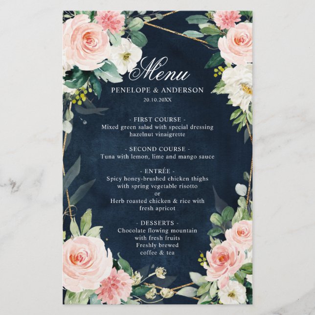 Blush Navy Dusty Blue Botanical Wedding Menu (Front)