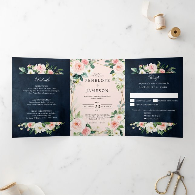 Blush Navy Dusty Blue Floral Geometric Botanical T Tri-Fold Programme (Inside)