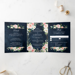 Blush Navy Dusty Blue Floral Geometric Botanical Tri-Fold Programme