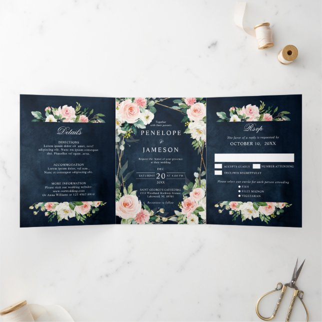 Blush Navy Dusty Blue Floral Geometric Botanical Tri-Fold Programme (Inside)