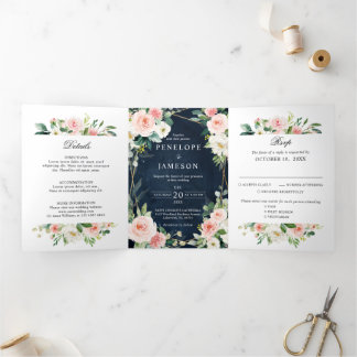 Blush Navy Dusty Blue Floral Geometric Botanical Tri-Fold Programme