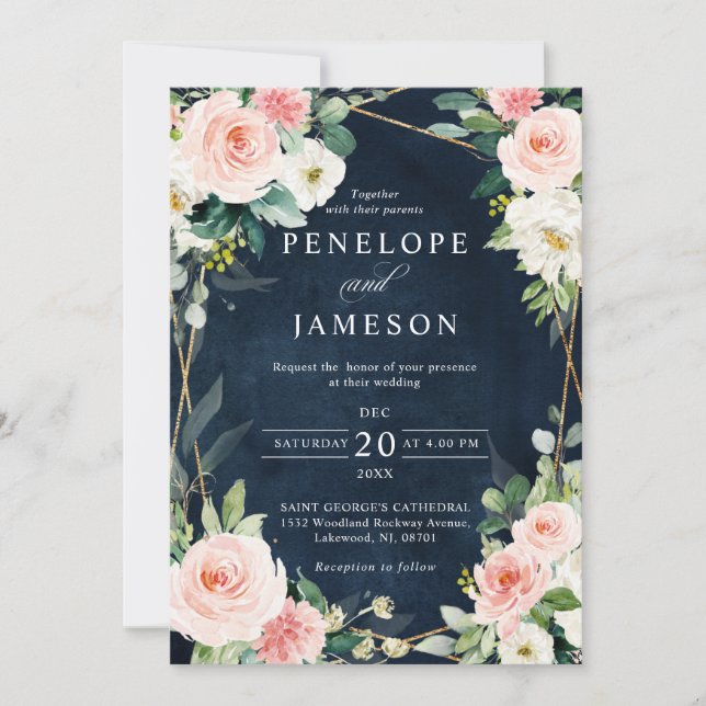Blush Navy Dusty Blue Geometric Botanical Wedding Invitation (Front)