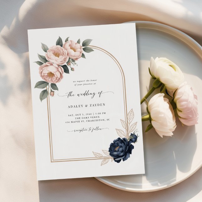  Blush Navy Floral Arch Affordable Digital Wedding Invitation (Creator Uploaded)