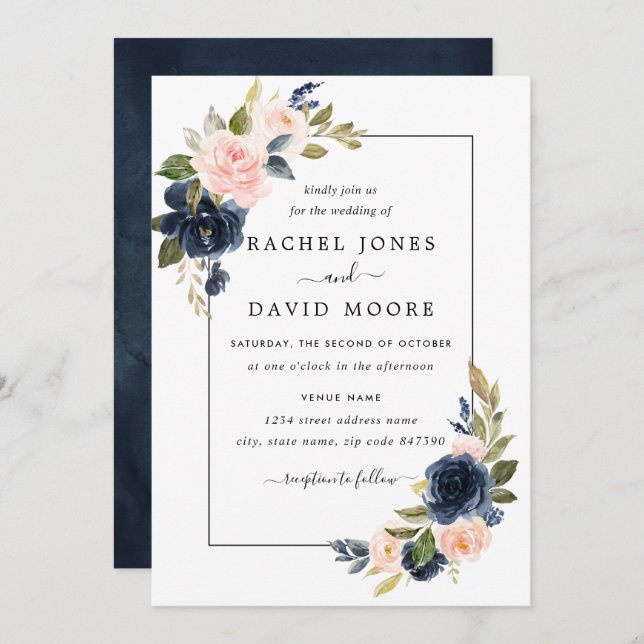Blush Navy Floral Bloom Wedding Invitation (Front/Back)