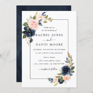 Blush Navy Floral Bloom Wedding Invitation