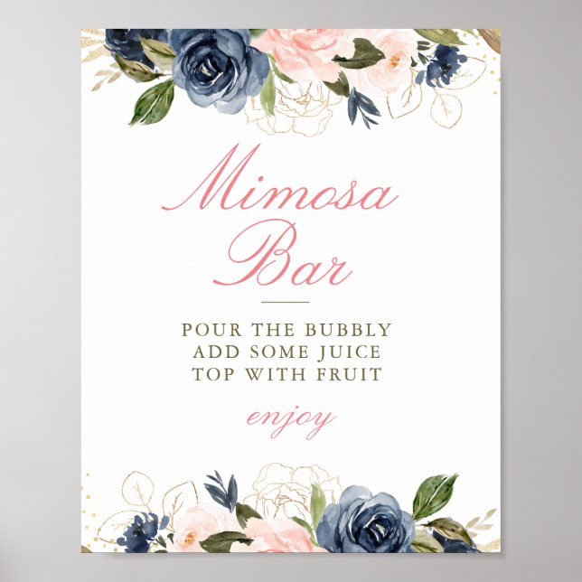 blush & navy floral bridal shower mimosa bar sign (Front)