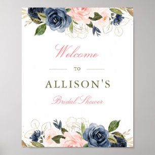 blush & navy floral bridal shower welcome sign