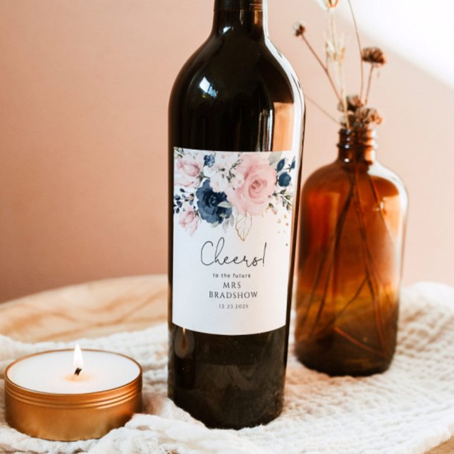 Blush navy floral bridal shower wine label (Creator Uploaded)