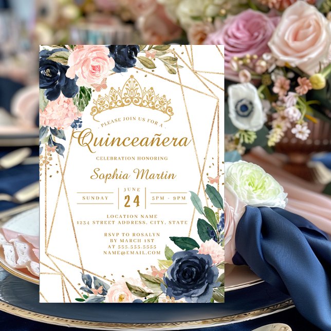 Blush Navy Floral Butterfly Geometric Quinceanera  Invitation (Creator Uploaded)