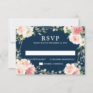 Blush Navy Floral Geometric Botanical Wedding RSVP Card