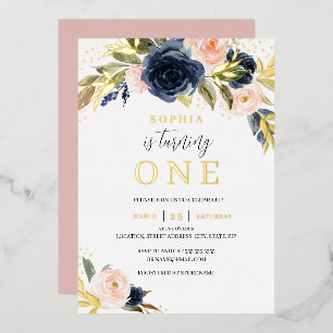 Blush Navy Floral Girl 1st Birthday Gold 