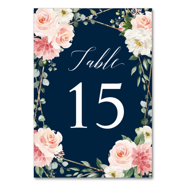 Blush Navy Floral Gold Geometric Botanical Wedding Table Number (Front)