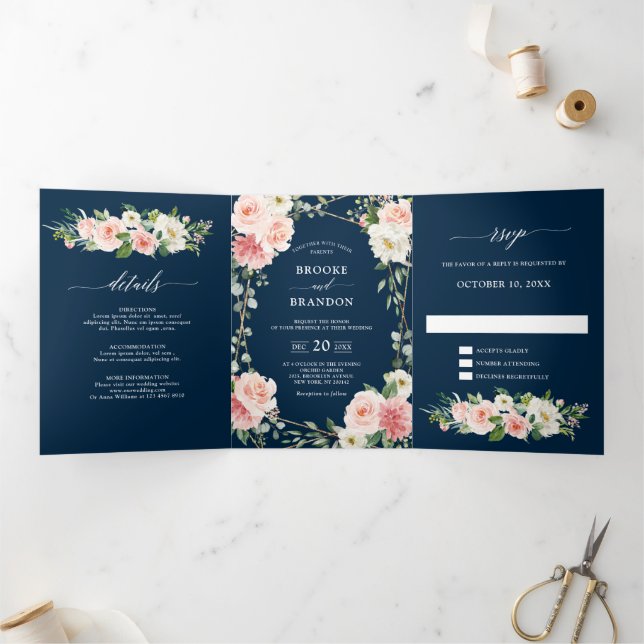 Blush Navy Floral Gold Geometric Botanical Wedding Tri-Fold Announcement (Inside)