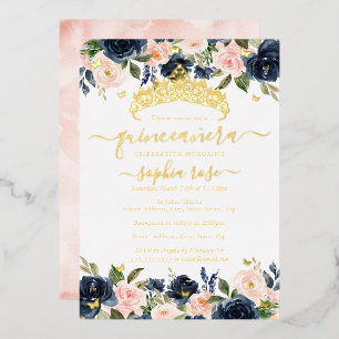 Blush Navy Floral Golden Butterfly Quinceanera