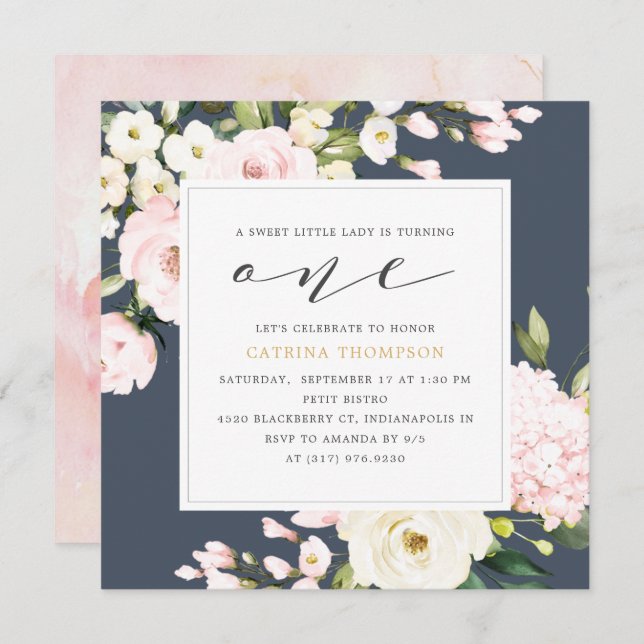 Blush Navy Floral Greenery Girl 1st Birthday Party Invitation (Front/Back)
