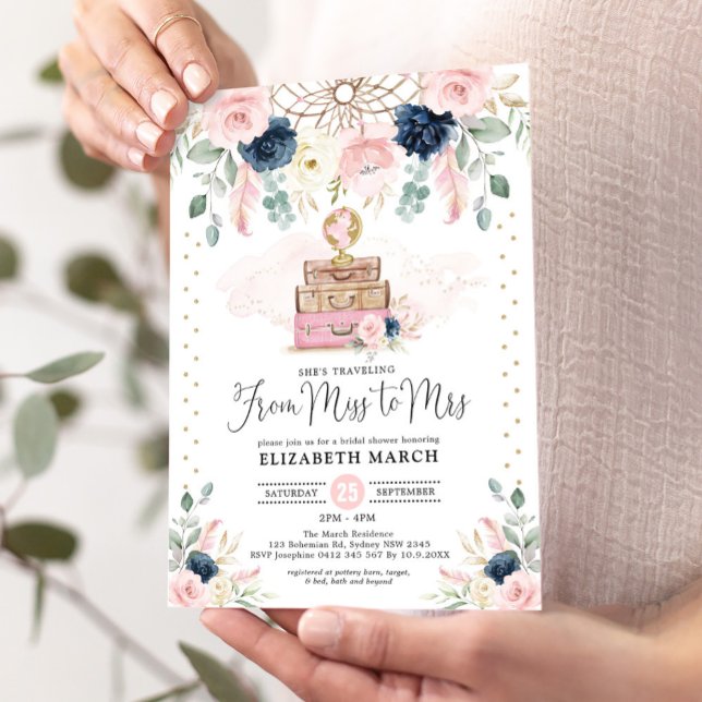 Blush Navy Floral Travel Adventure Bridal Shower Invitation (Creator Uploaded)