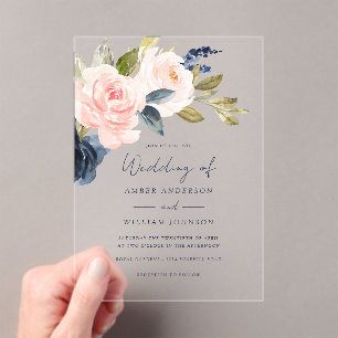 Blush Navy Floral Wedding Acrylic Invitations