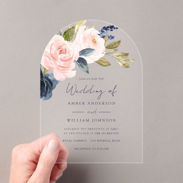 Blush Navy Floral Wedding Arch    Acrylic Invitations (Insitu (Handheld))