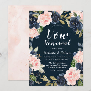 Blush Navy Floral Wreath Vow Renewal Invitation