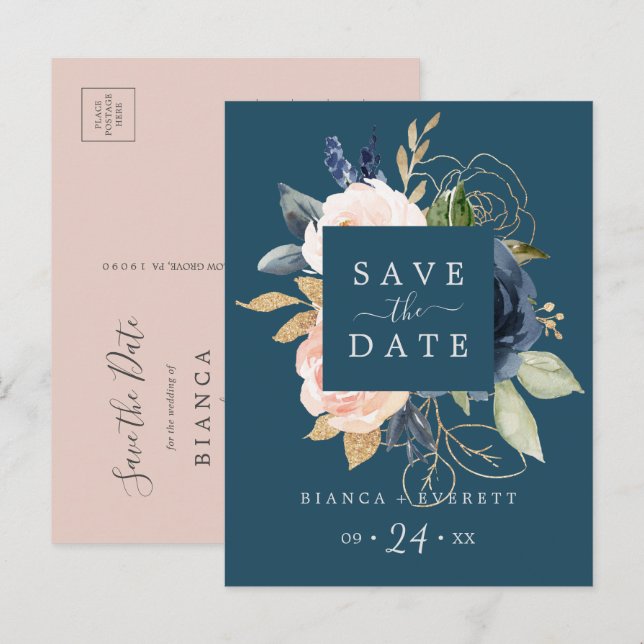 Blush & Navy Flowers Blue Save the Date Postcard (Front/Back)