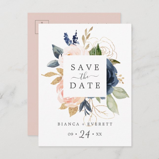 Blush & Navy Flowers White Save the Date Postcard (Front/Back)