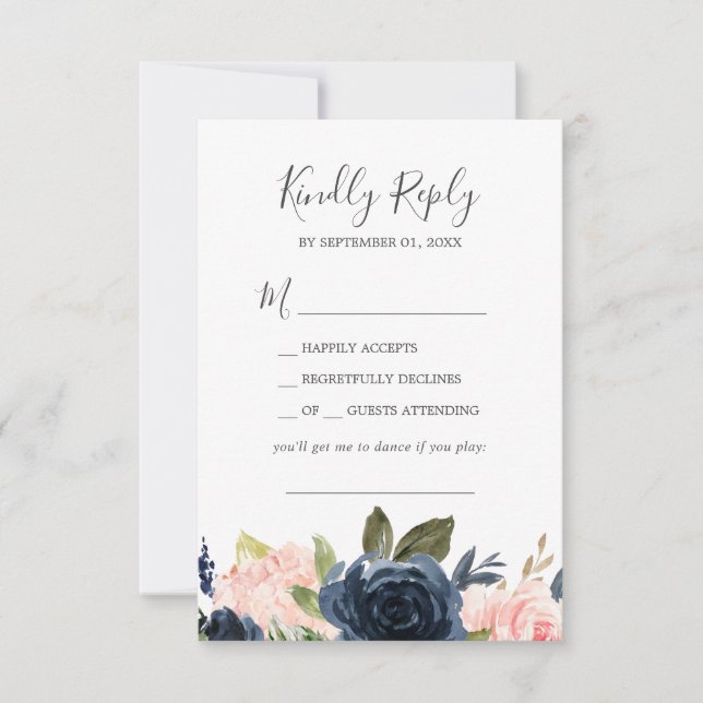 Blush & Navy Flowers White Song Request RSVP Card (Front)