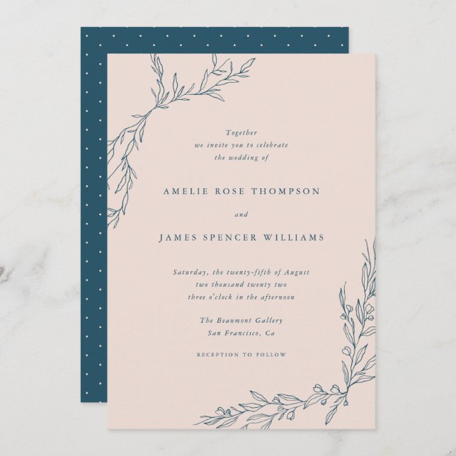 Blush & Navy Hand-drawn Foliage Botanical Wedding Invitation (Front/Back)
