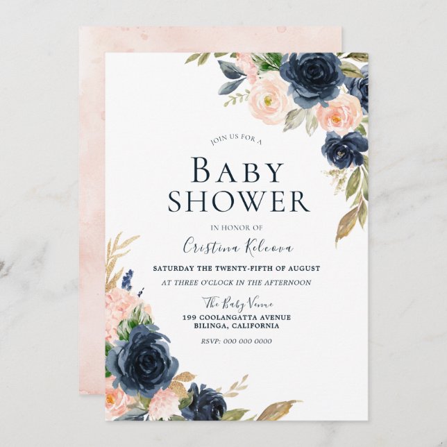 Blush & Navy Peach Flowers Baby Shower Invitation (Front/Back)