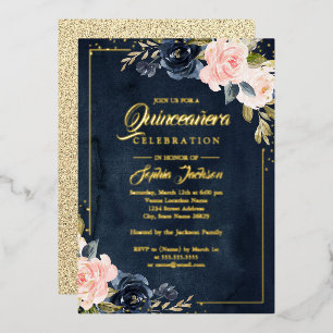Blush Navy REAL GOLD FOIL Floral Quinceanera
