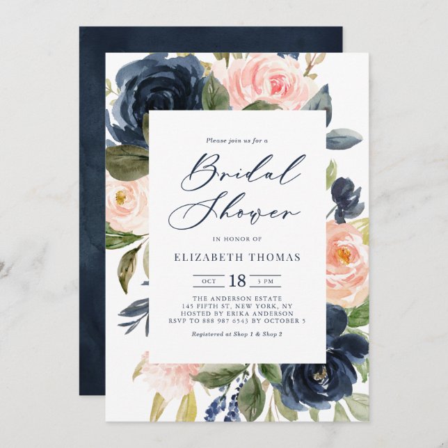 Blush & Navy Watercolor Floral Frame Bridal Shower Invitation (Front/Back)