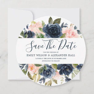 Blush & Navy Watercolor Florals Modern Wedding Save The Date