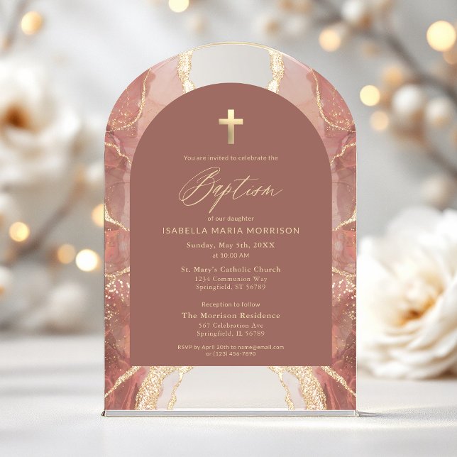 Blush Neutral Gold Agate Baptism Modern Elegant Acrylic Invitations (Creator Uploaded)