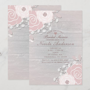 Blush Nude Rustic Floral Flowers & Wood Bridal Invitation