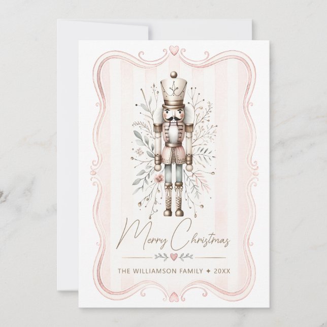 Blush Nutcracker Christmas Card Pink Heart Frame (Front)