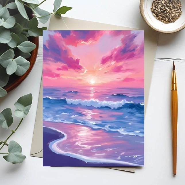 Blush Ocean Sunset Waves Watercolor Card (Creator Uploaded)