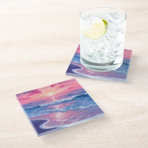 Blush Ocean Sunset Waves Watercolor Glass Coaster