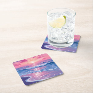 Blush Ocean Sunset Waves Watercolor Square Paper Coaster
