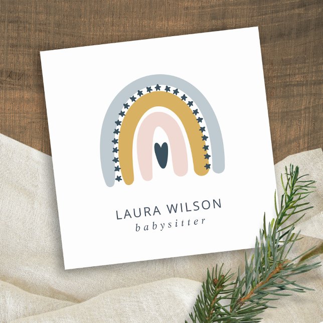 BLUSH OCHRE NAVY SCANDI HEART RAINBOW BABYSITTER SQUARE BUSINESS CARD (Creator Uploaded)