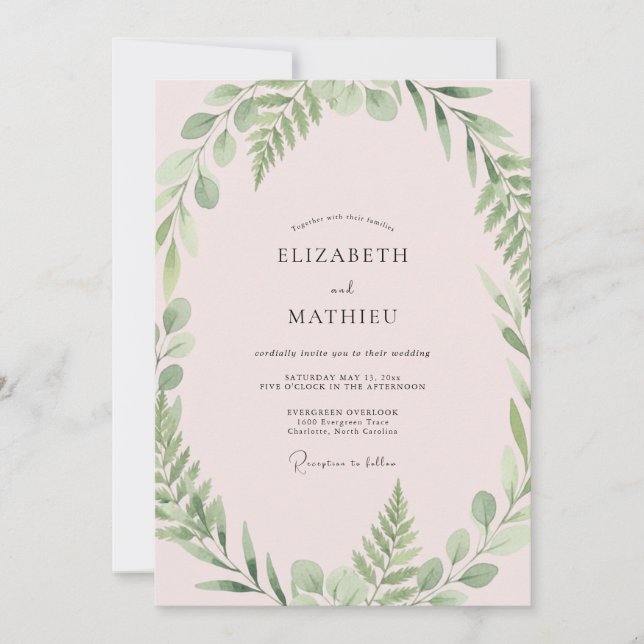 Blush Olive Foliage Eucalyptus Wedding Invitation (Front)
