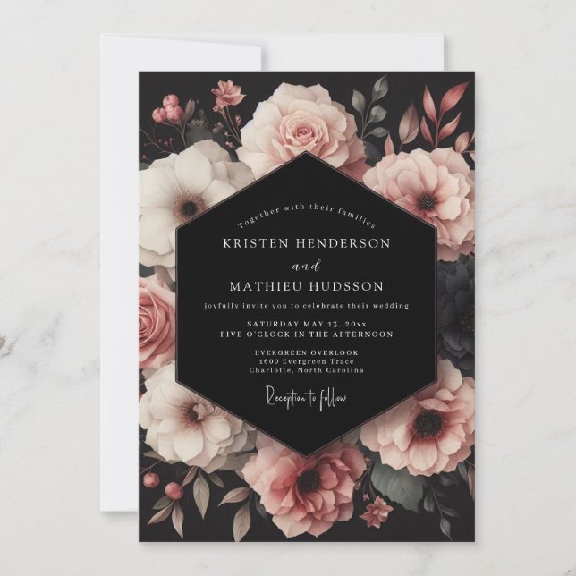 Blush Onyx Bouquet Wedding Invitation (Front)
