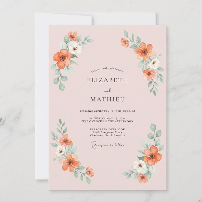 Blush Orange Delicate Spring Wedding Invitation (Front)