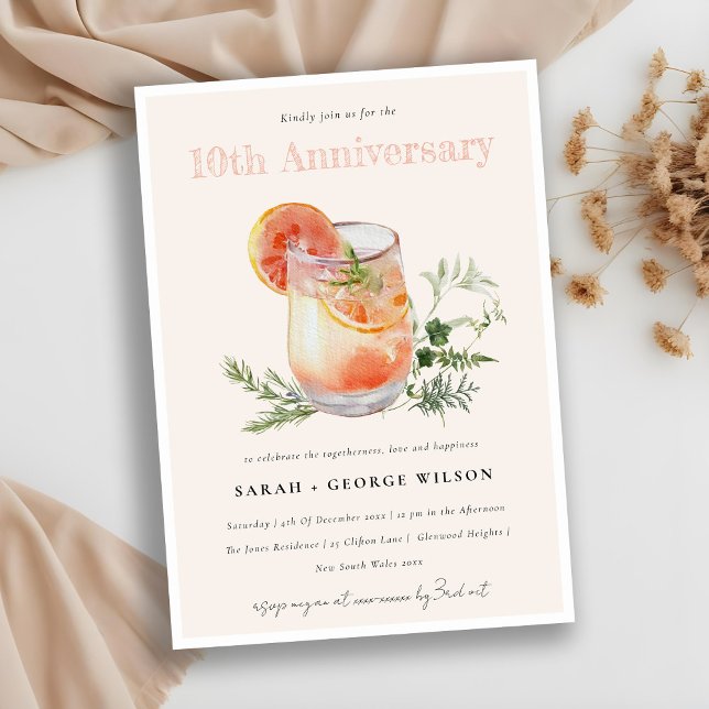 Blush Orange Green Cocktail Any Year Anniversary Invitation (Creator Uploaded)
