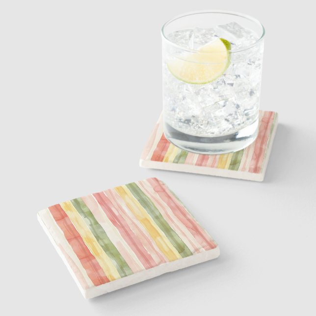 Blush Orange Yellow Green Stripes   Stone Coaster (Side)