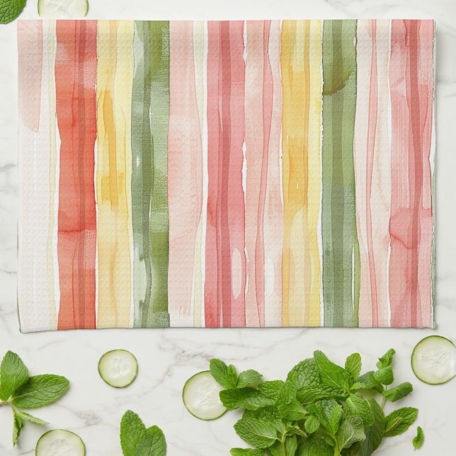 Blush Orange Yellow Green Stripes   Tea Towel (Folded)