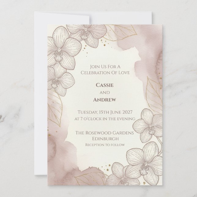 Blush Orchid Gold Line Art Wedding Invitation (Front)