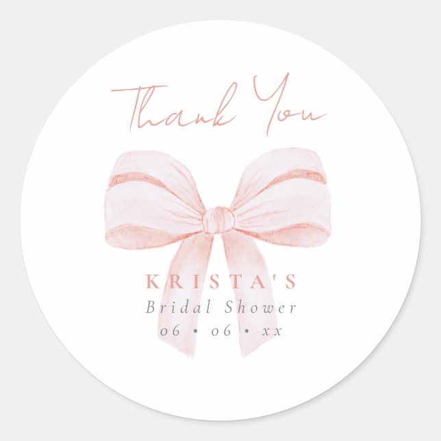 Blush Oversize Bow Bridal Shower Thank You Classic Round Sticker (Front)