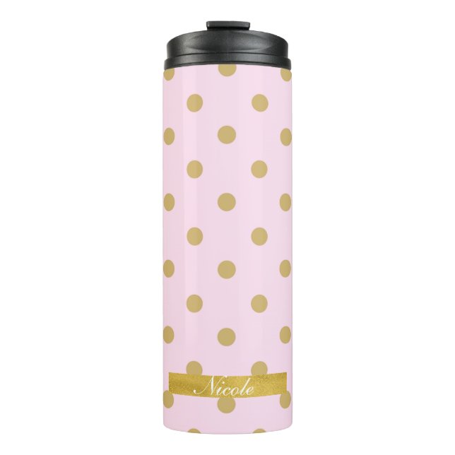 Blush Pale Light Pink & Gold Polka Dots Pattern Thermal Tumbler (Front)
