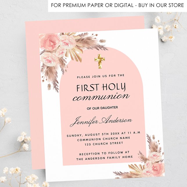 Blush pampas first communion budget invitation flyer (Creator Uploaded)